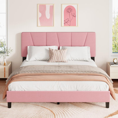 Upholstered Platform Bed Frame with 3-Level Adjustable Headboard, Pink Flannel Upholstery, Heavy-Duty Wood Slat Support, Noise-Free, No Box Spring Needed, Easy Assembly - Pink Flannel - Full