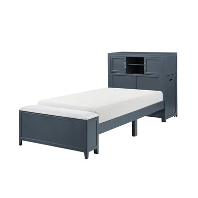 Navy Blue Finish Twin Platform Bed with Bookcase Headboard Drawers Hidden Desk Stool Footboard Storage Bench Bedroom Furniture 1pc