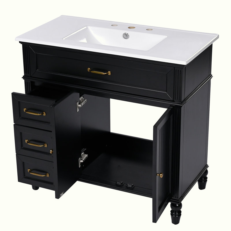 Meuble-lavabo avec lavabo et armoire avec tiroirs, Noir, noir, noir, noir, Or