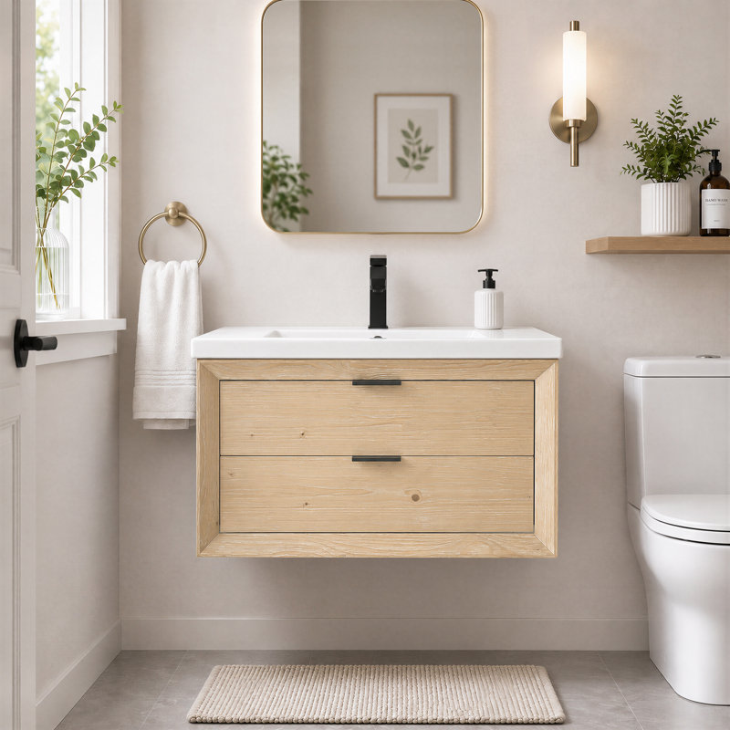 Ensemble de meuble-lavabo simple mural 30 po avec comptoir en céramique Danbury, Teak White, H 18 po x l 30 po x P 17 po
