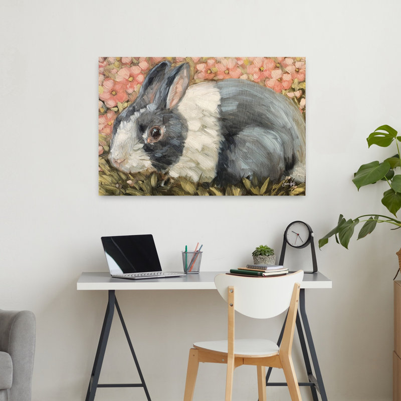 Mignon comme un bouton, lapin contemporain, art floral printanier, H 24 po x l 36 po