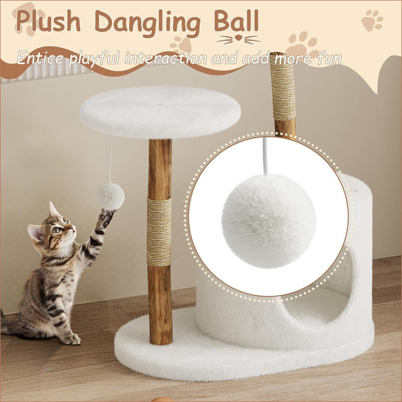 Arbre à chat moderne en bois naturel pour chat, tour de chat avec grand panier, poteaux à griffes et branches réelles, arbre à chat blanc de luxe sur un perchoir