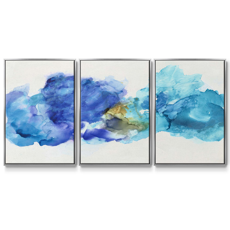Waterscape I, ensemble de 3 toiles encadrées, H 27 po x l 54 po, Argent argent