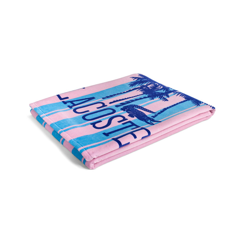Lacoste Oversized Cotton Beach Towel 36x72, Palm Trees Dusty Pink/Arctic Ice