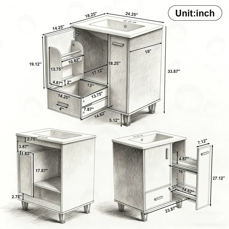 Meuble-lavabo de salle de bain avec tiroir profond et panier coulissant à 2 niveaux, Bleu gris