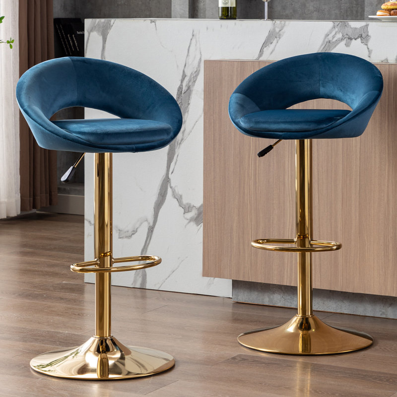 Kshaun Swivel Upholstered Adjustable Height Counter Stool with Metal Frame, Blue
