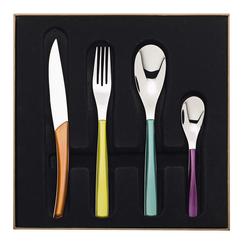 Ensemble de couverts 24 pièces en acier inoxydable 18/10 Quartz, service pour 6, Jaune / Bleu / Rouge