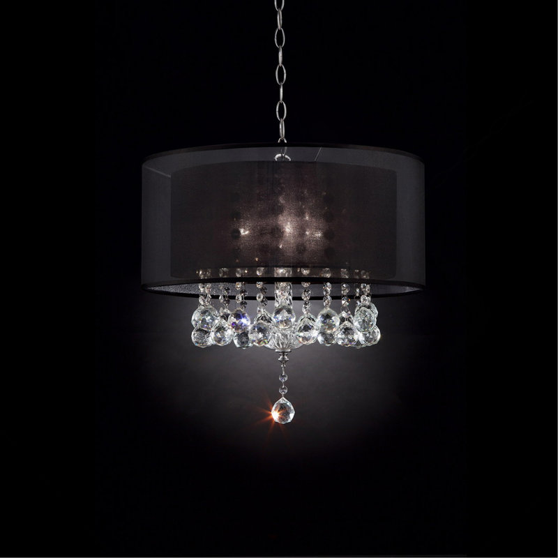 19" Tall Ceiling Lamp "Effleurer", Silver And Crystal Accents, Black Shade
