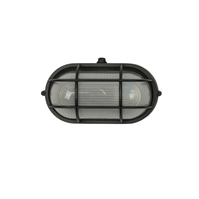 Bulkhead 8" Oval Caged - Textured Black with Clear with Sandblasted Glass
