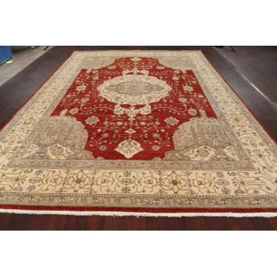 Tapis unique en laine noué à la main 9 pi x 12 pi 2 po nouvel âge en rouge / beige