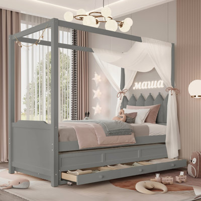 Lit plateforme à baldaquin simple YDT Princess | Tête de lit tapissier, gigogne et 3 tiroirs pour enfants, gris