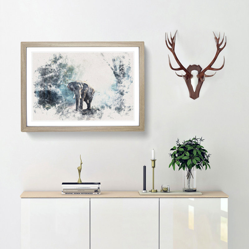 Elephant Roaming In A Green Forest - Picture Frame Painting, Oak Framed, 24cm H x 33cm W x 2cm D