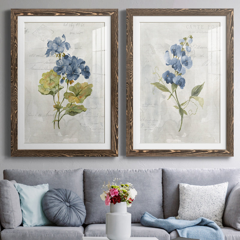 Lin bleu géranium - ensemble de 2 reproductions d'art, Impression encadrée avec passe-partout, H 44 po x l 31 po, Noyer