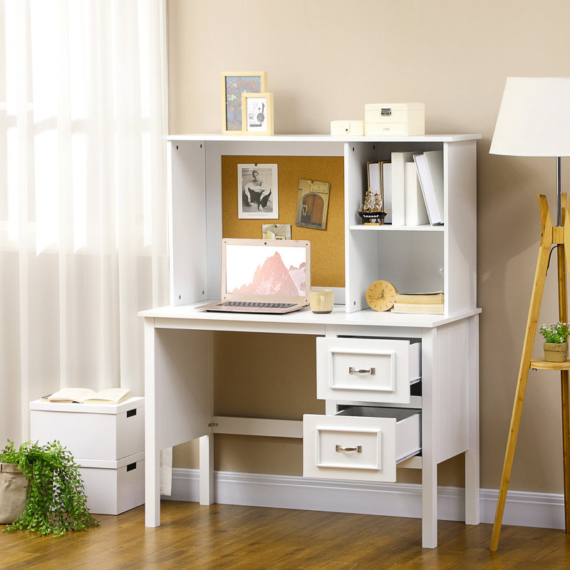 Table de bureau à domicile avec tablettes, tiroirs de bureau d'ordinateur blancs et trou pour câbles, poste de travail moderne - tiroirs, trou et rangement