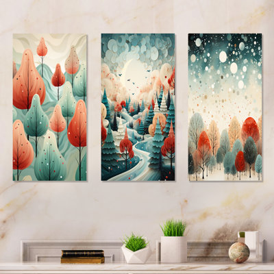 Pin de Noël orange et vert festif I - Paysages abstraits, ensemble de 3 reproductions d'art mural en métal