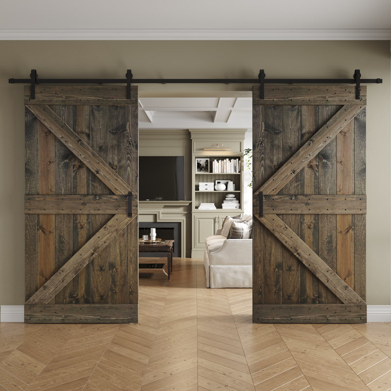 Porte de grange coulissante double K Series, Baril vieilli, 84 po x 84 po