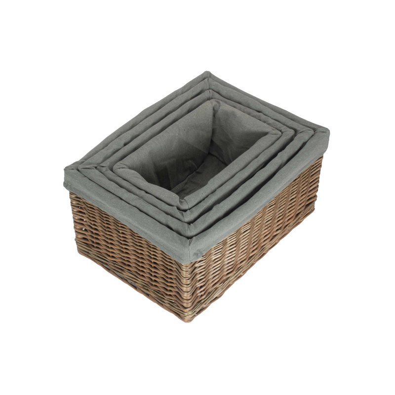Wicker 4 Piece Storage Basket Set With Lining, Antique Wash/Grey