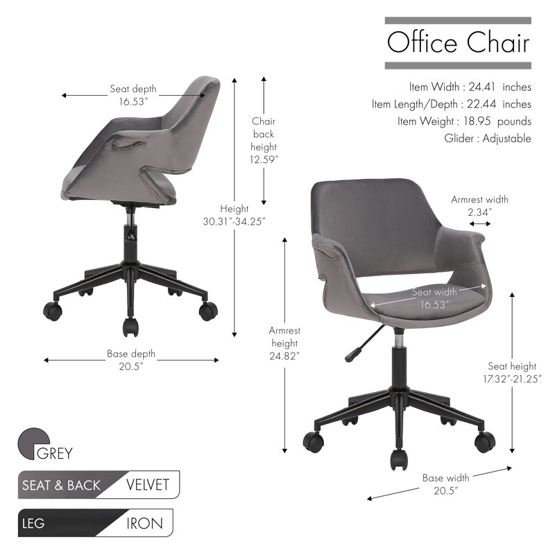 Colette Velvet Office Chair, Grey
