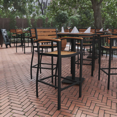 Clarie Commercial Grade Outdoor Bar Stool with Armrests and Poly Resin Slats