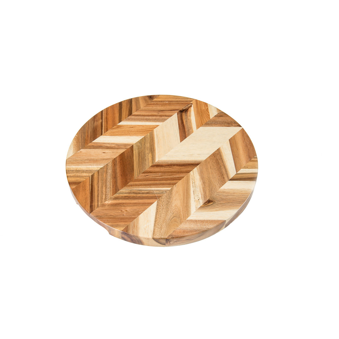 Acacia Herringbone Round Cutting /Serve Board W/ Inset Handles Lipper International