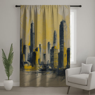Yellow Cityscape Sketch Window Curtains, Cityscape Sheer & Blockout Curtains - 1 Panel