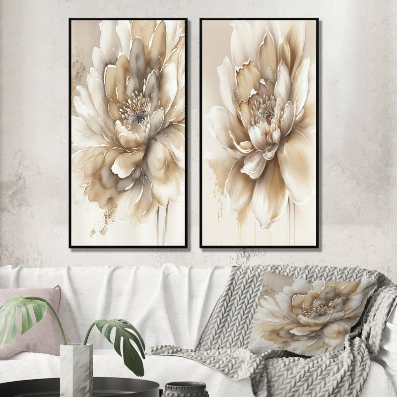 2 pièces sur toile - Fleur beige simple, H 40 po x l 40 po, Cadre noir