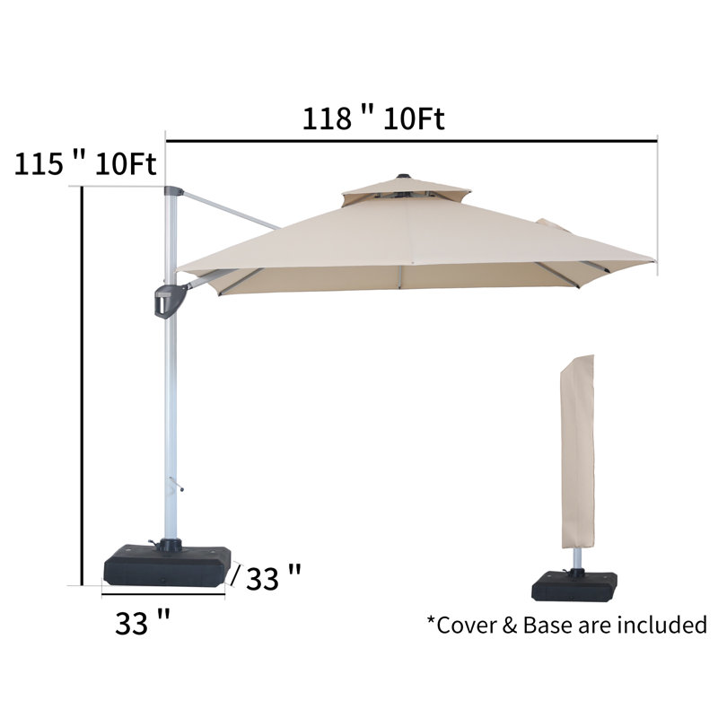Parasol carré en porte-à-faux rotatif à 130 degrés avec base et couvercle Rosylin, Beige
