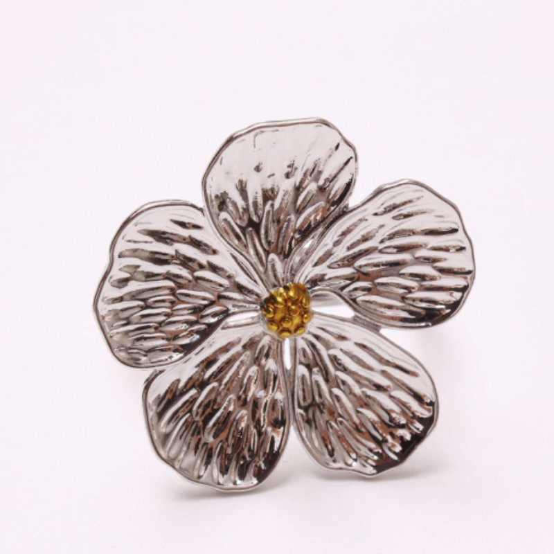 Elegant Silver Flower Metal Napkin Ring Set
