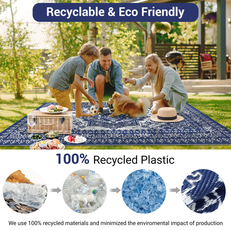 Reversible Waterproof Outdoor Rug 9x18ft – Large Plastic Straw Medallion Area Carpet for Patio, Deck, Balcony, Camping, RV, Beach, Picnic, All-Weather Mat – Navy Blue/White, USA
