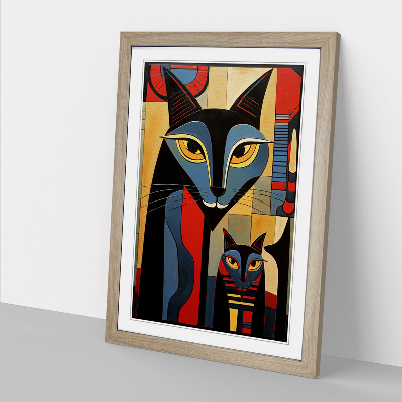 XYZ-FRM-V1223-605 Egyptian Cat Constructivism No.2 - Single Picture Frame Print on Wood, 64cm H x 46cm W x 2cm D, Oak