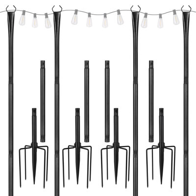 10 Ft HeavyDuty Adjustable String Light Poles Set of 4, RustResistant PowderCoated Metal Outdoor Light Stands with Double Hooks for Backyard Patio Garden Decor