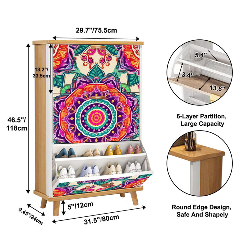Shoe Storage Cabinet with 3 Flip Drawers for Ethnic boho hippie Shoe Rack Storage Organizer