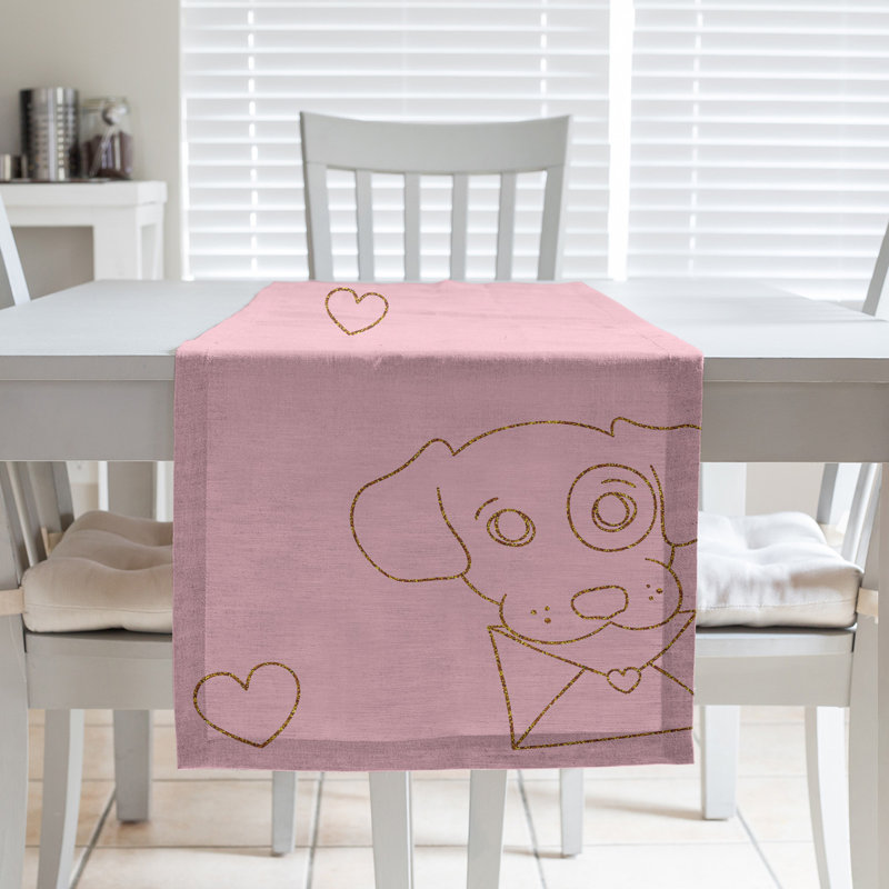 Chemin de table à la fête des chiens saint-valentin hol, L 90 po x l 16 po, Rose pâle / doré, Mélange de coton