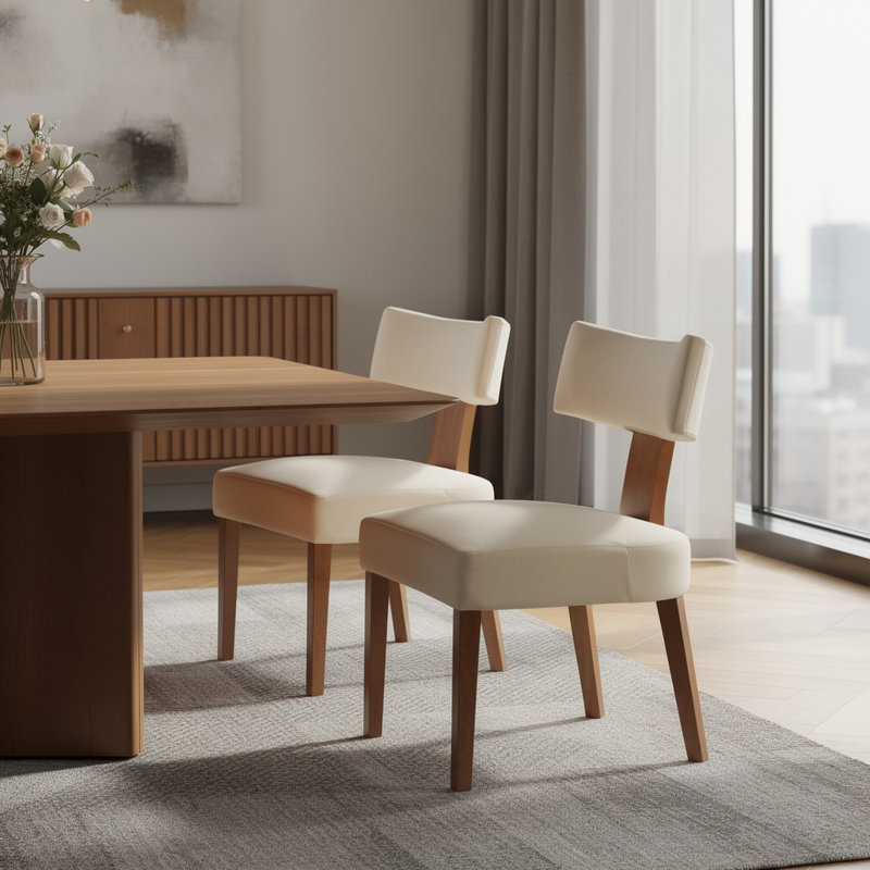 Ensemble de deux chaises d'appoint en lin et bois massif beige et brun, Lin beige 