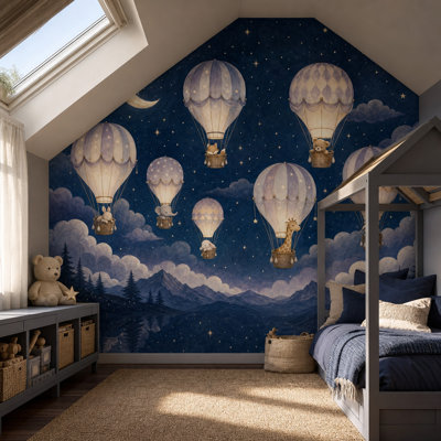Papier peint ciel étoilé foncé, montgolfières, amovible, aquarelle, illustration murale