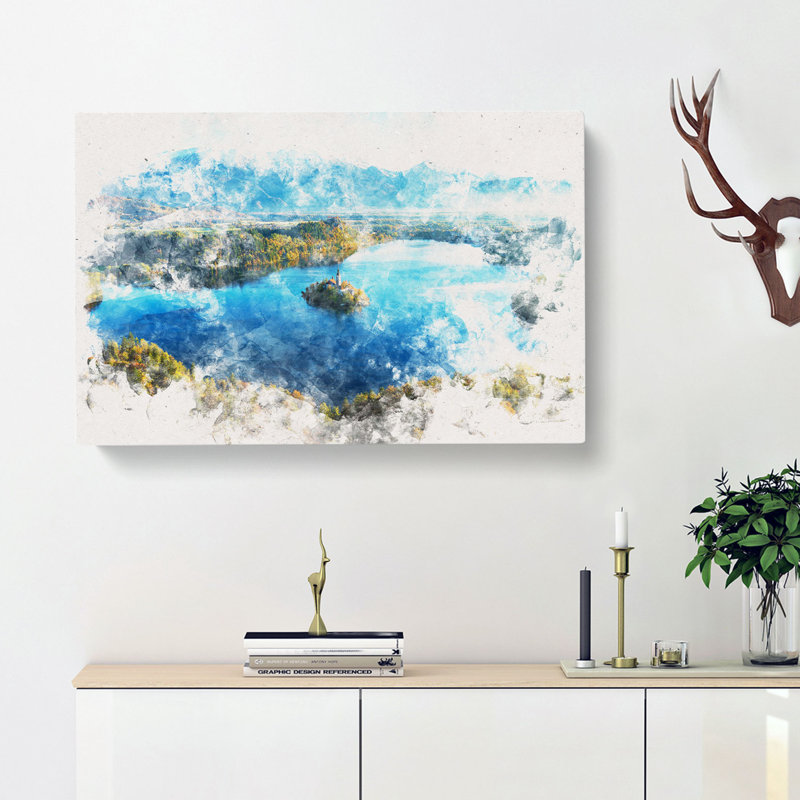 Lake Bled in Slovenia Watercolour - Wrapped Canvas, 35cm H x 50cm W x 3cm D