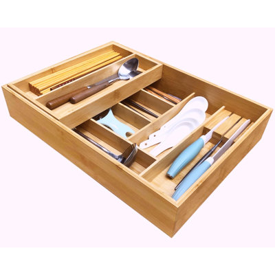 Double Layer Bamboo Kitchen Drawer Organizer, Utensil Silverware Organizer, Cutlery Tray, With Slidable & Removable Utensil Tray, With Knife Holder