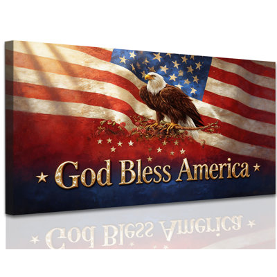  American Flag Wall Art, Patriotic Canvas Wall Decor with Bald Eagle and God Bless America Text, Vintage American Flag Painting, Rustic Americana Wall Pictures, 4th of July Prints, 20x40 inches