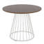 Table de salle à manger ronde à assembler soi-même, avec piètement en tréteaux blanc et plateau en bois pour quatre personnes.