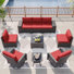 Ensemble de patio extérieur en osier 9 pièces 9 pièces avec canapé modulaire rembourré modulaire, chaises berçantes et tables pivotantes