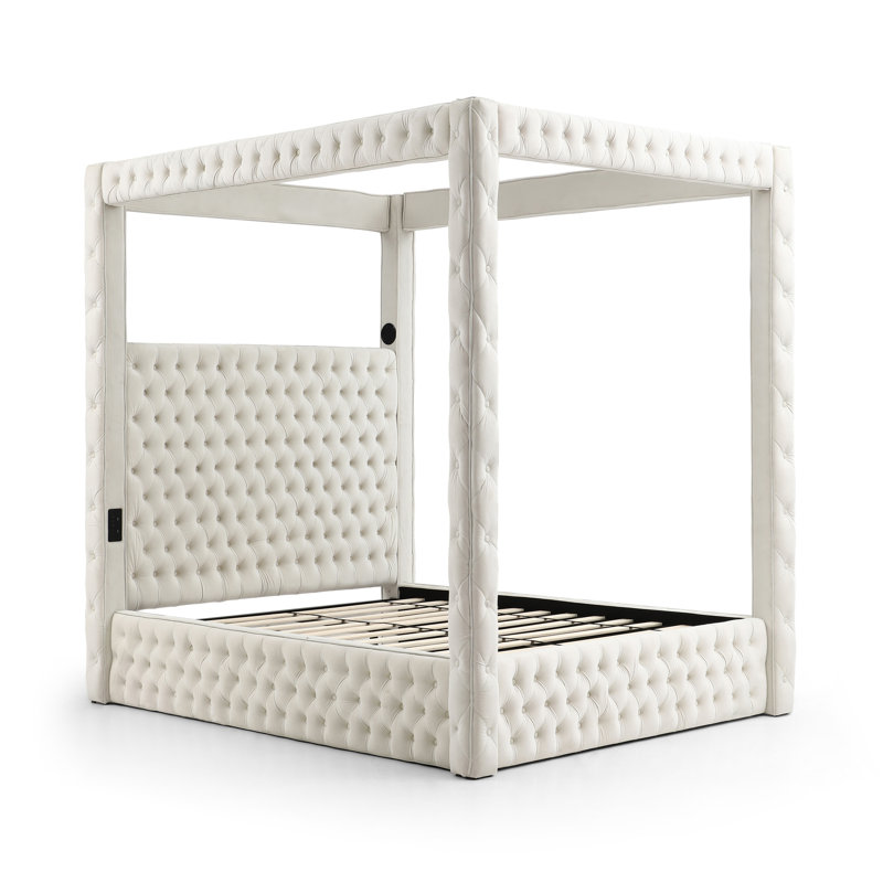 Luxurious Cream Velvet King Canopy Bed with Tufted Upholstery