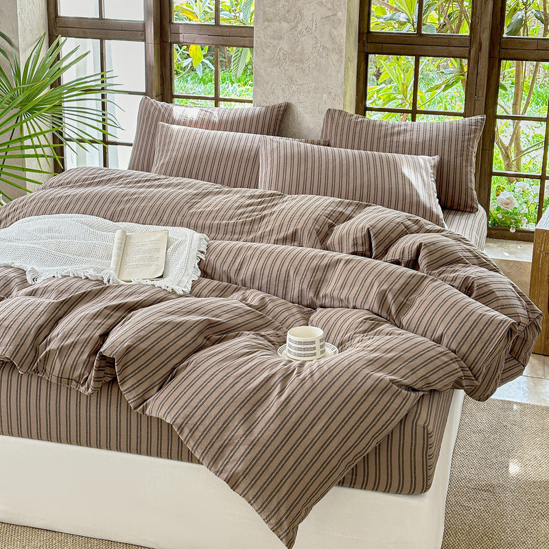 DONEUS Striped Duvet Cover Set 100% Washed Cotton Linen Like Soft Feelling Breathable Bedding, Light Brown/Black
