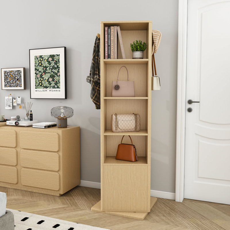 Armoire de maquillage rotative à 360 °, armoire à bijoux avec miroir pleine grandeur, armoire de rangement sur pied avec portemanteau, 4 couches de tablettes ouvertes et 2 couches de tablettes intégrées, noyer