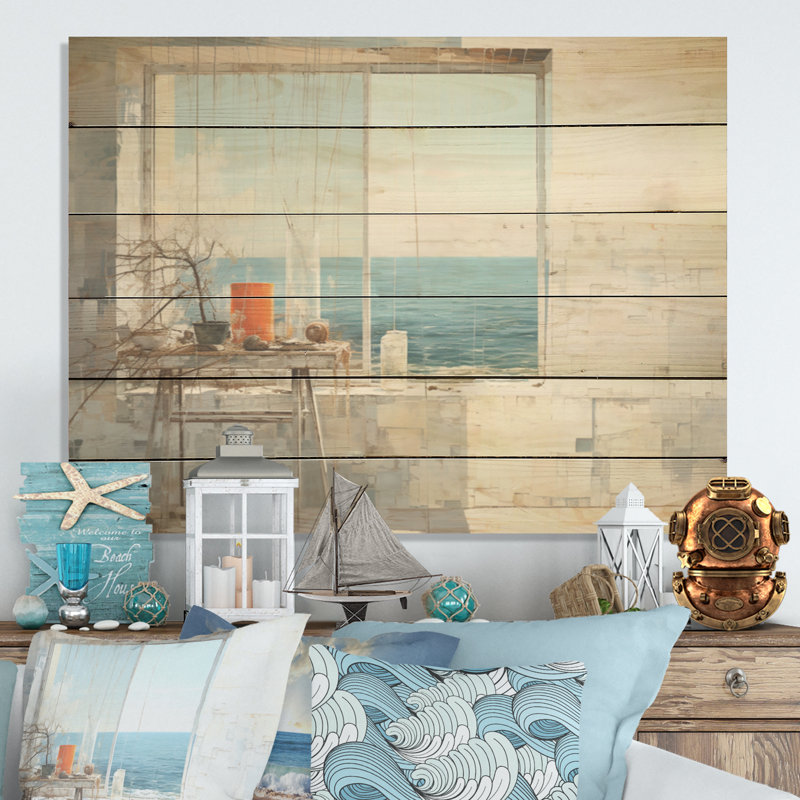 «Beach Windows Horizon - Coastal Windows», art mural sur bois de pin naturel, H 10 po x l 20 po