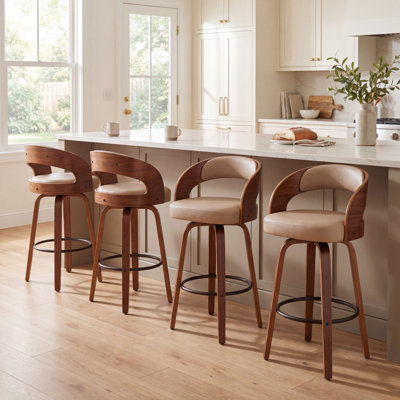 26" Modern Swivel Counter Stool with Bentwood Frame Leather Upholstery