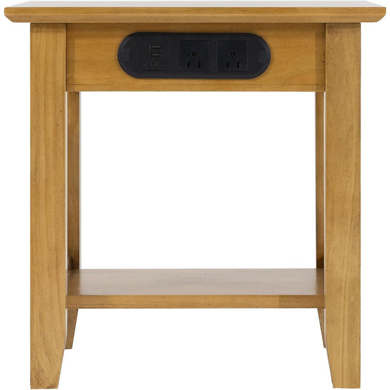 Table de bout en bois massif avec station de charge, noyer clair