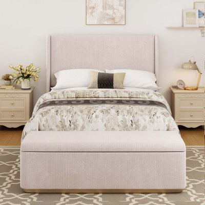 Corduroy Upholstered Bed Frame with 130L Storage Ottoman, and Vertical Stripe Wingback Headboard and High Footboard