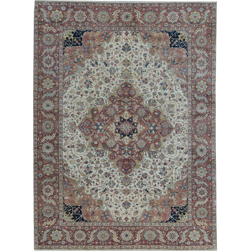 Tapis ivoire et rouge noué à la main de haute qualité