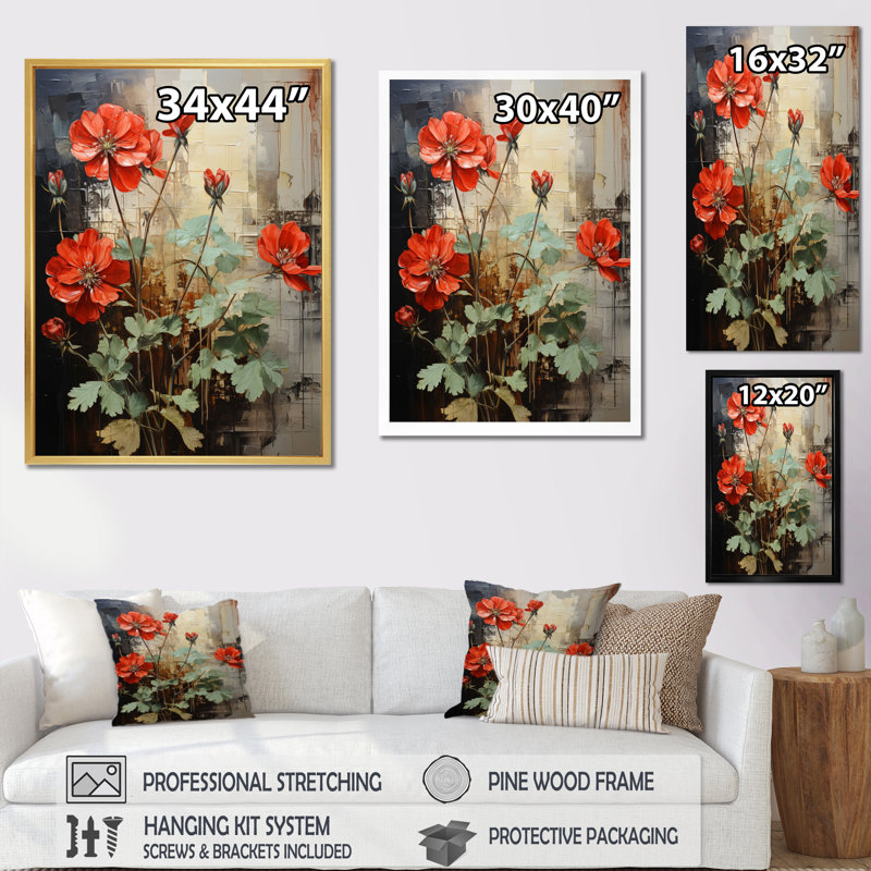 «Red Geraniums Scarlet Bloom Patchwork I» - Décoration murale florale et botanique, Toile tendue, H 32 po x l 16 po x P 1 po