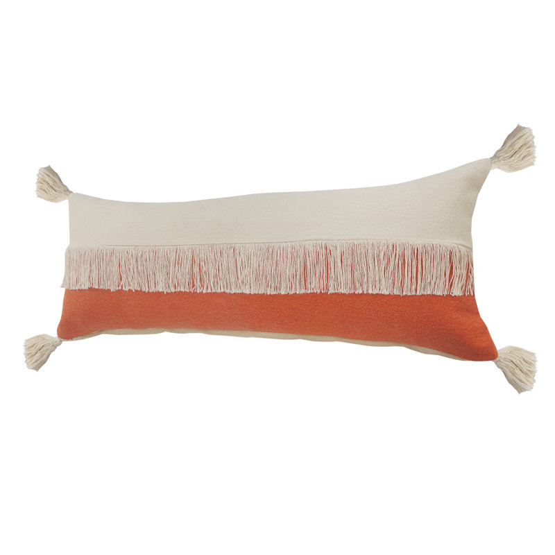 Housse de coussin décoratif contemporaine 100% coton à franges Color Block, Orange citrouille / blanc cassé